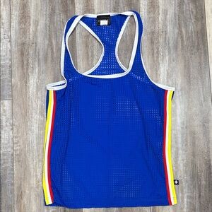 Andrew Christian Blue Mesh Tank Top with Rainbow Stripes